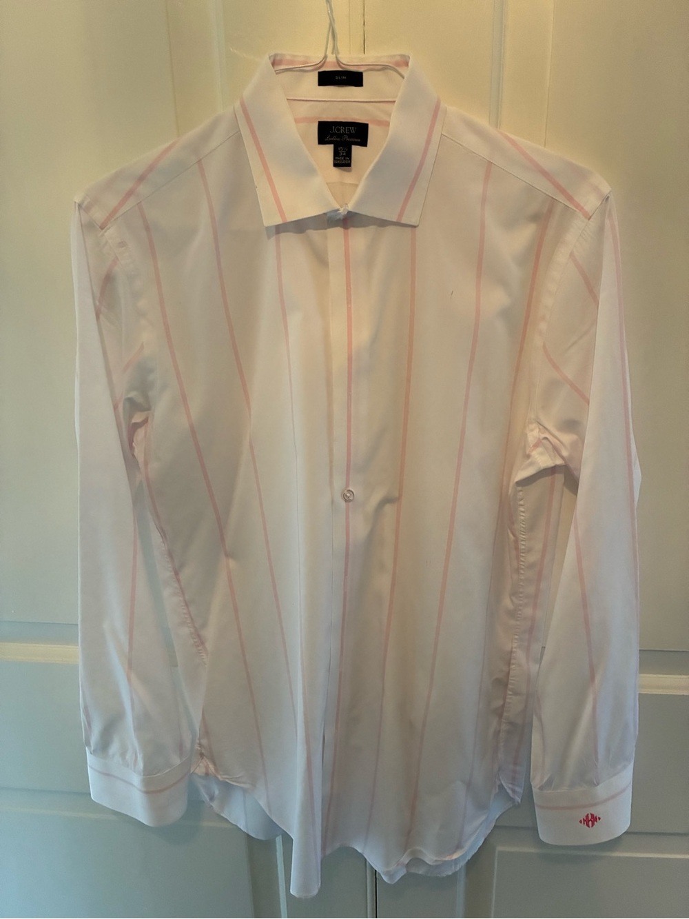 J. Crew Men's Ludlow Premium White Dress Shirt with Pink Stripes. Size 15 1/2-34
